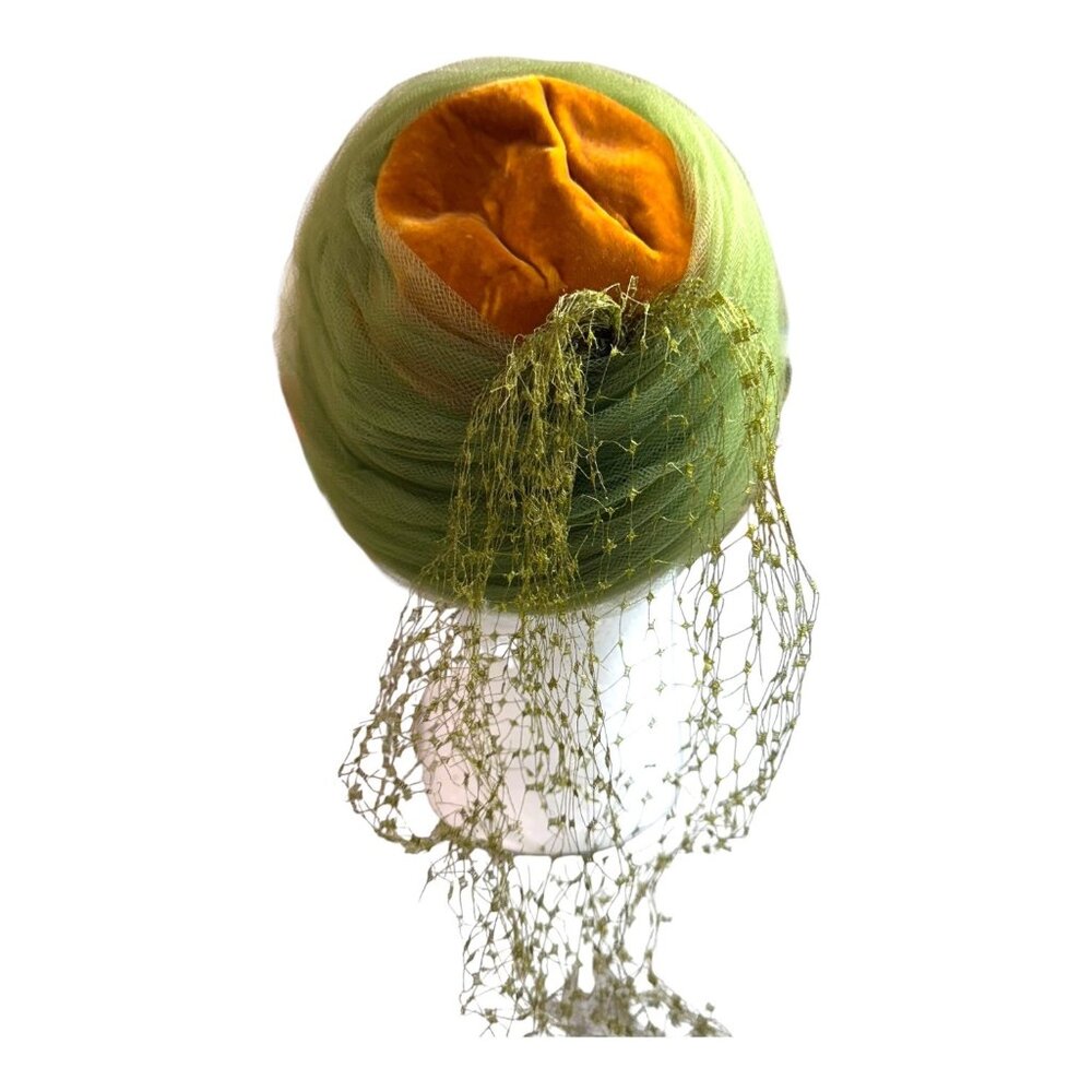 Vintage Hutzlers Baltimore MCM Avacado Green & Orange Mesh Fascinator Hat Church